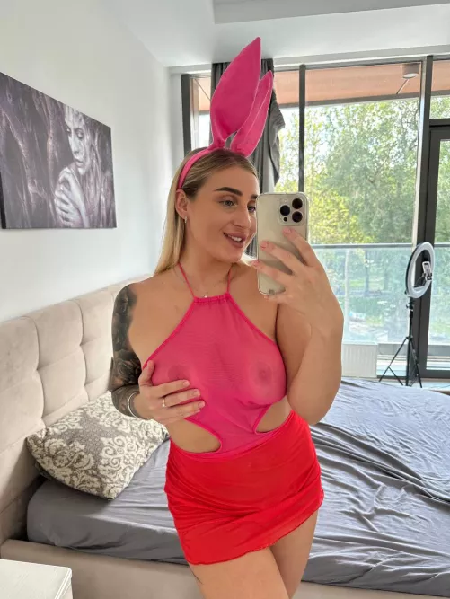 The pink bunny wants to taste your carrot