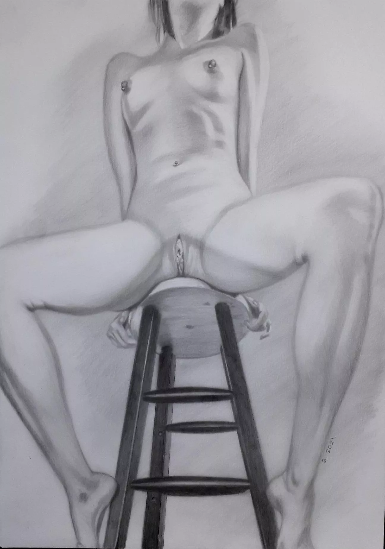 Girl on a Stool (in pencils drawn by me)