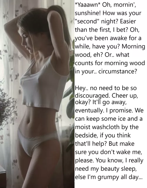 Chastity Fantasy: Caption 261. Or you could just tough it out... Just don't wake her, that's your priority.