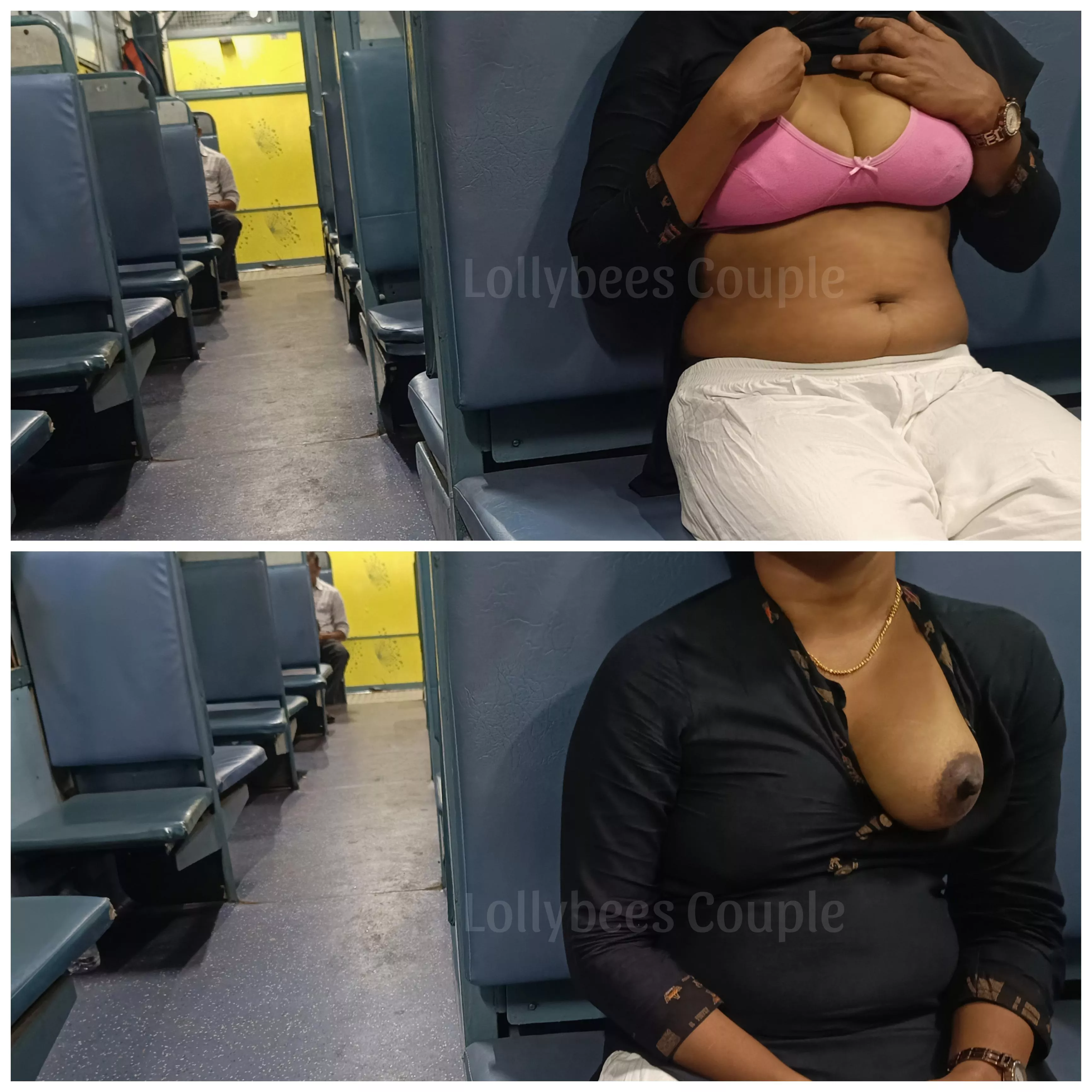 Flashing tits in public train [F]