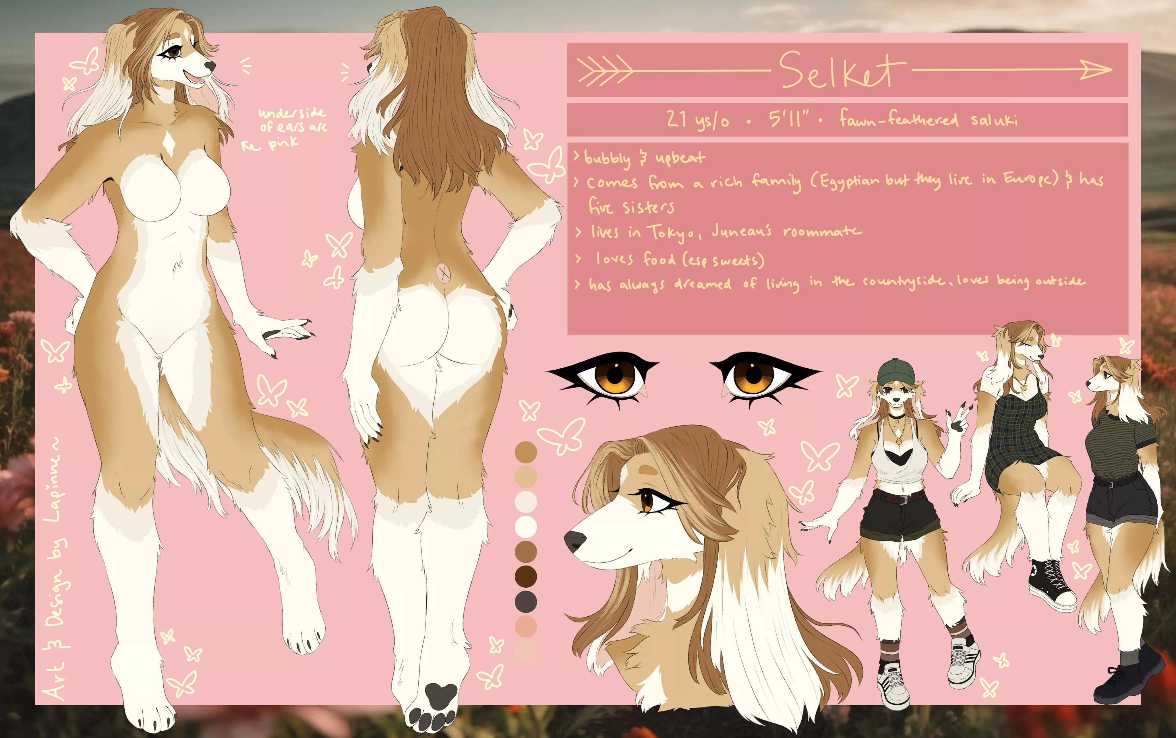 reference sheet of my girl selket! (art and design by me!)