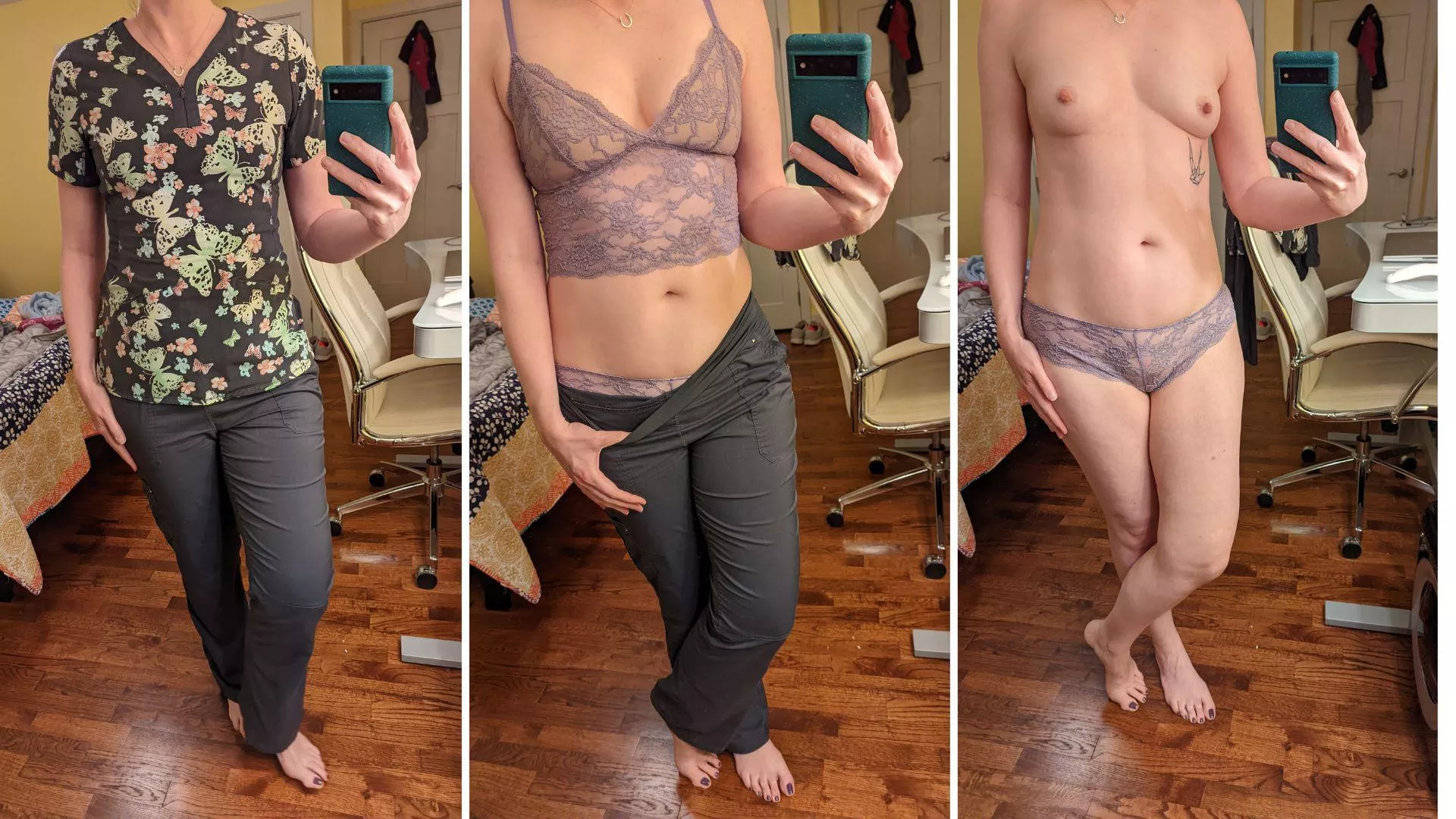 Print top, light purple lingerie, on vs off.