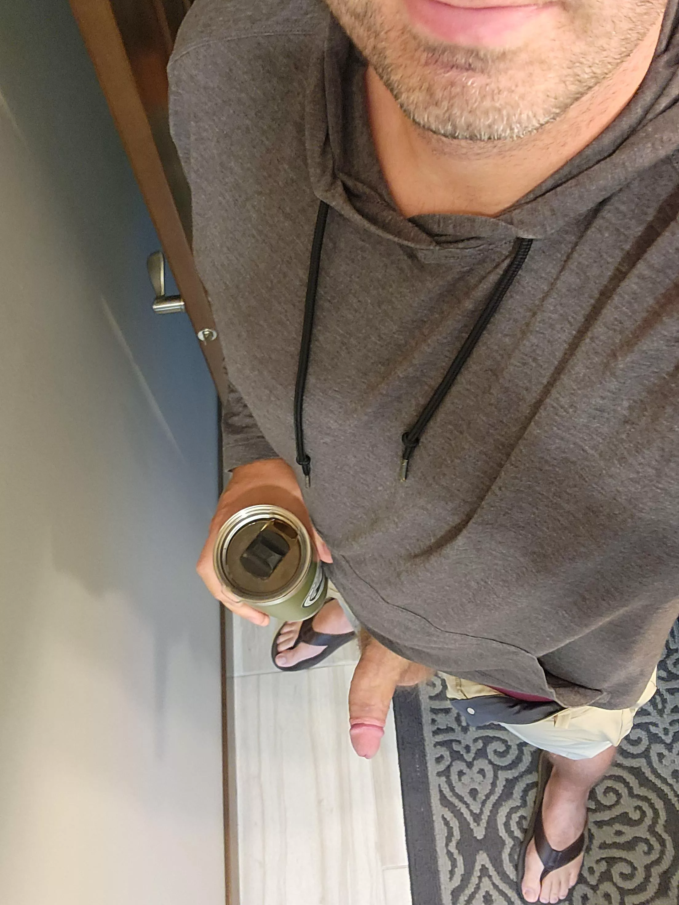 (39) Basic dad working from home. Iced coffe, and a fat cock needing taken care of.