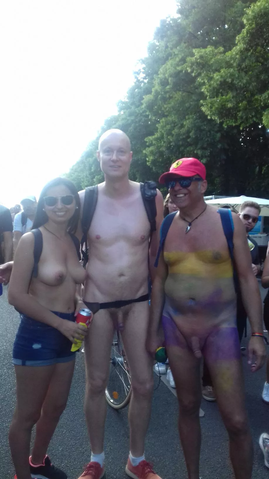 At Pride Berlin 2019 with a nudist friend and a topless lady (I am in the middle), picture taken by her boyfriend, more of my public nudist adventures + videos: mynudistlife.wixsite.com/bart enjoy/share!