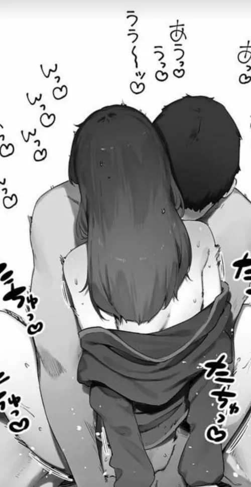 LF Mono Source: missionary, jacket, 1boyd, 1girl, black hair, standing sex, sweat