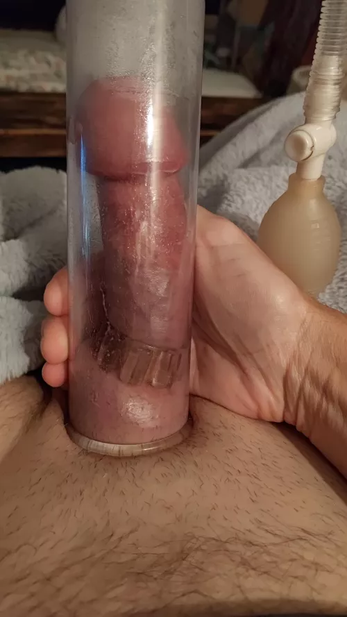 Pumping with one of my cock rings.