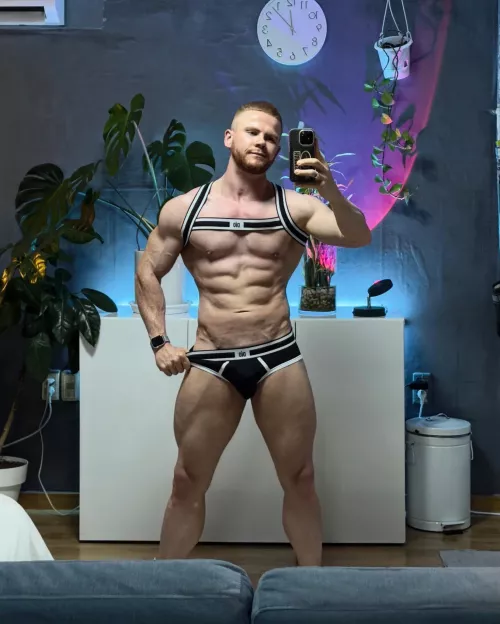 In love with my custom made harness and underwear 🖤🤍🖤🤍