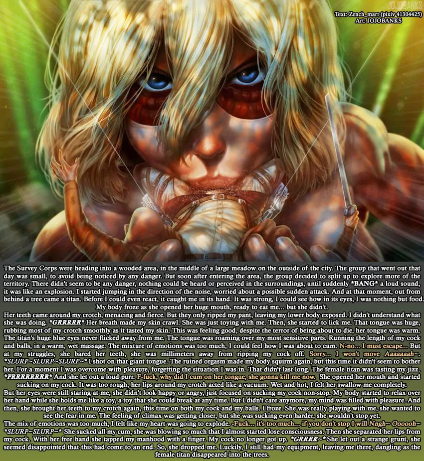 Female titan have a new toy [macrophilia] [Threatening] [Scary sex] [AoT] [Size difference] | Art: JojoBanks
