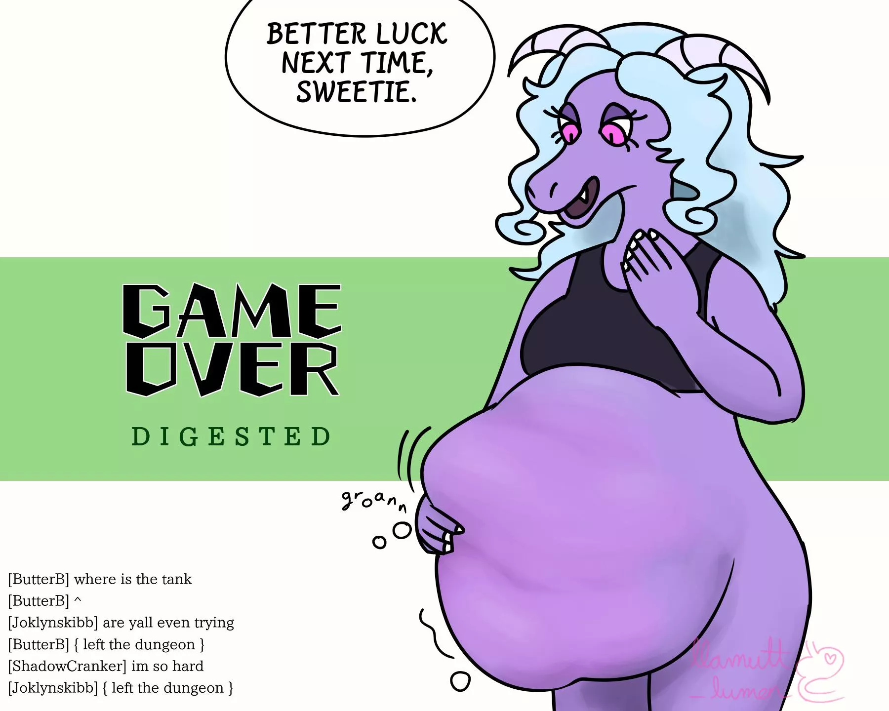{image} Losing to a tutorial NPC (llamutt_lumen) [female pred] [digestion] [furry] [dragon] [implied reformation] [video game]