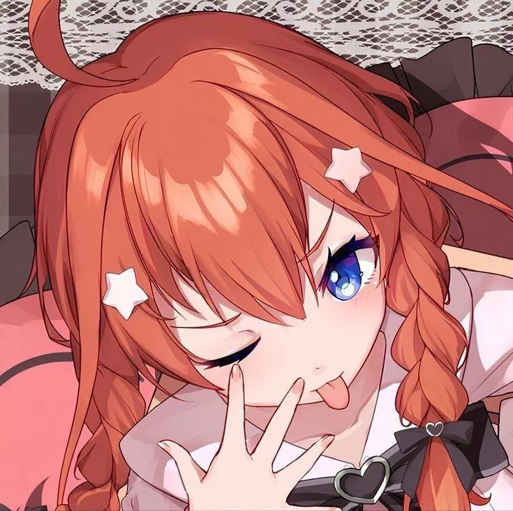 LF COLOR SOURCE 1girl, quintessential quintuplets, red hair, star hair pins, tongue out, blue eyes, tsundere, double braids, pink uniform, winking, open hand, pink couch