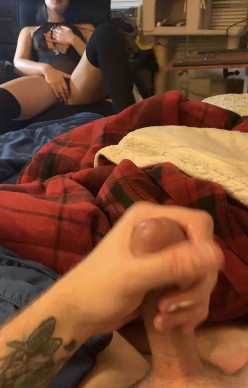 A pic of both of us playing with ourselves thinking about the time one of his friends made out with me, sucked on my titties and fingered my tight pussy. We’re thinking of asking him to fuck me in front of him. We think he will. Wouldn’t you? ;)
