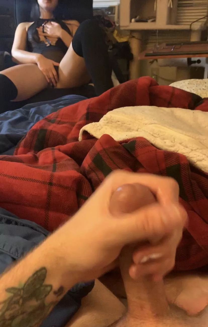 A pic of both of us playing with ourselves thinking about the time one of his friends made out with me, sucked on my titties and fingered my tight pussy. We’re thinking of asking him to fuck me in front of him. We think he will. Wouldn’t you? ;)