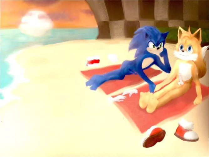 Nude Sonic and Tails on the beach (from Sonic in the Movie 2)