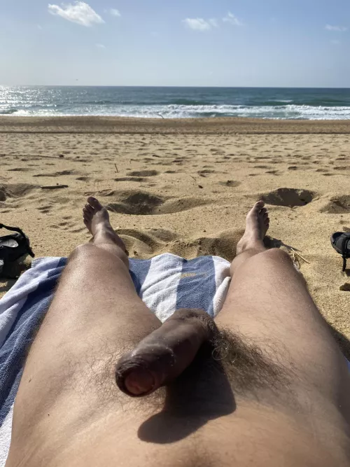 Stiffy on public beach. People were walking by.