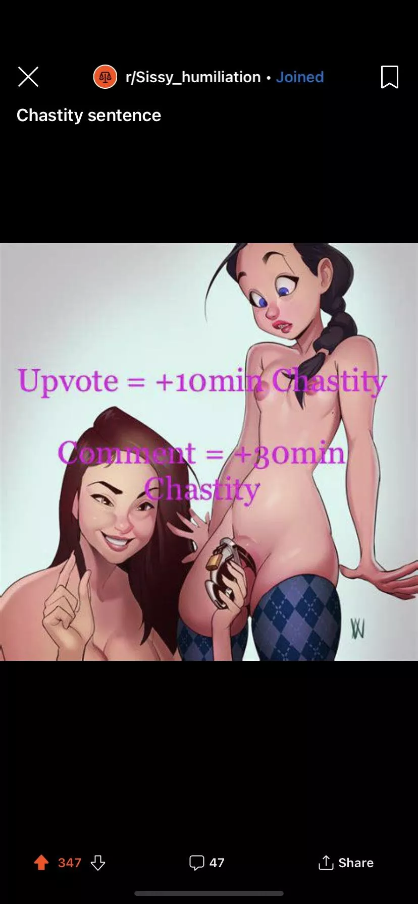 Chastity Challenge. Max 1 comment per person (thats fair to me).