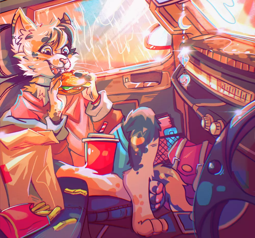 Did draw a cat eating a burger ovo Hope you guys like it~