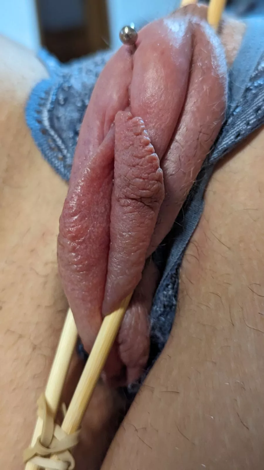 Pumped, clamped with the chopsticks, edged, and kept like this until I decide to use her cunt