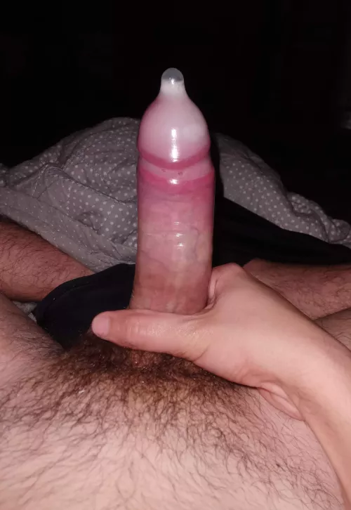 Take off the condom and sit on my huge cock covered of cum (22)