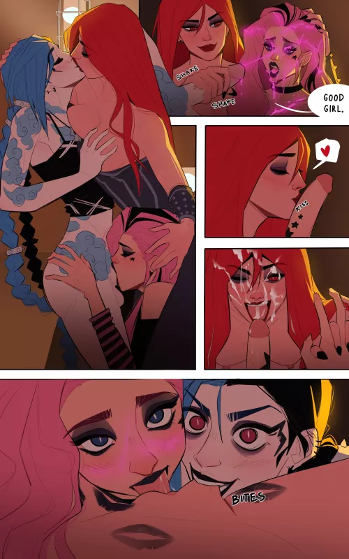 Sona at the backstage of pentakill with Jinx and Seraphine. (TheRedHoodBunny)