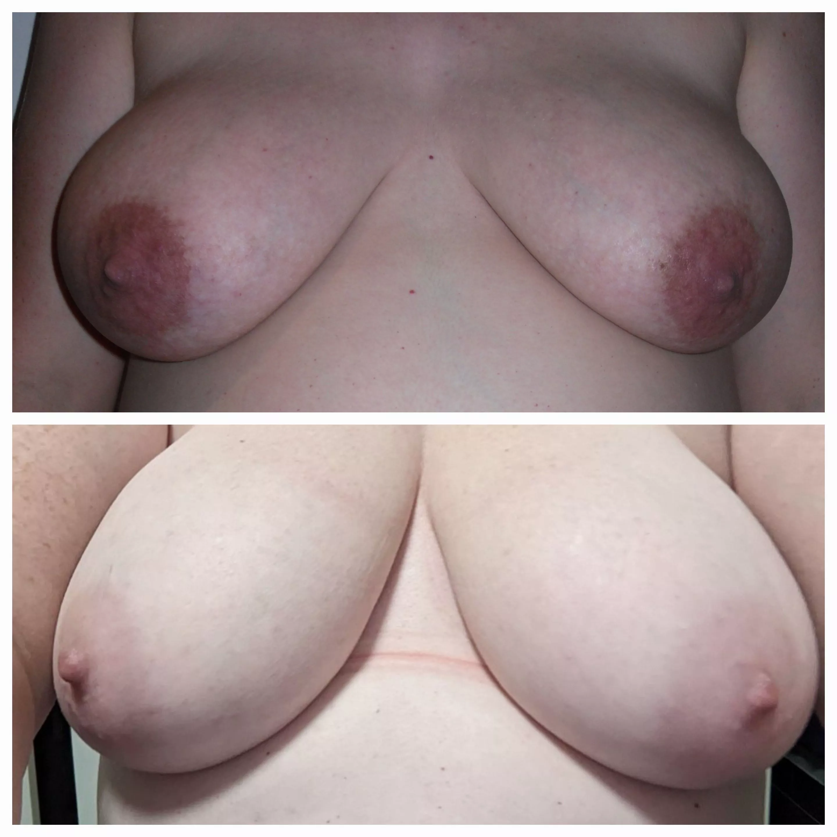 Friend and I - she's the top, very pregnant and my mummy boobs after 2 kids on the bottom! Who's would you like to play with first?