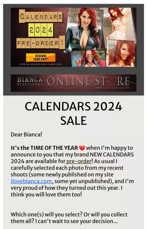 Bianca's hot 2024 calendars are at pre sale price now on her store. She's selling 4 differents calendars. Latex, XPLICIT, NUDES, Glam🥵