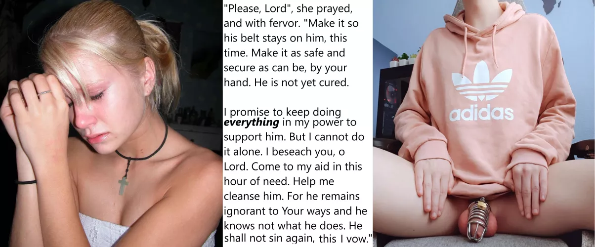 Chastity Fantasy: Caption 393. Is this how praying works? He's about to find out.