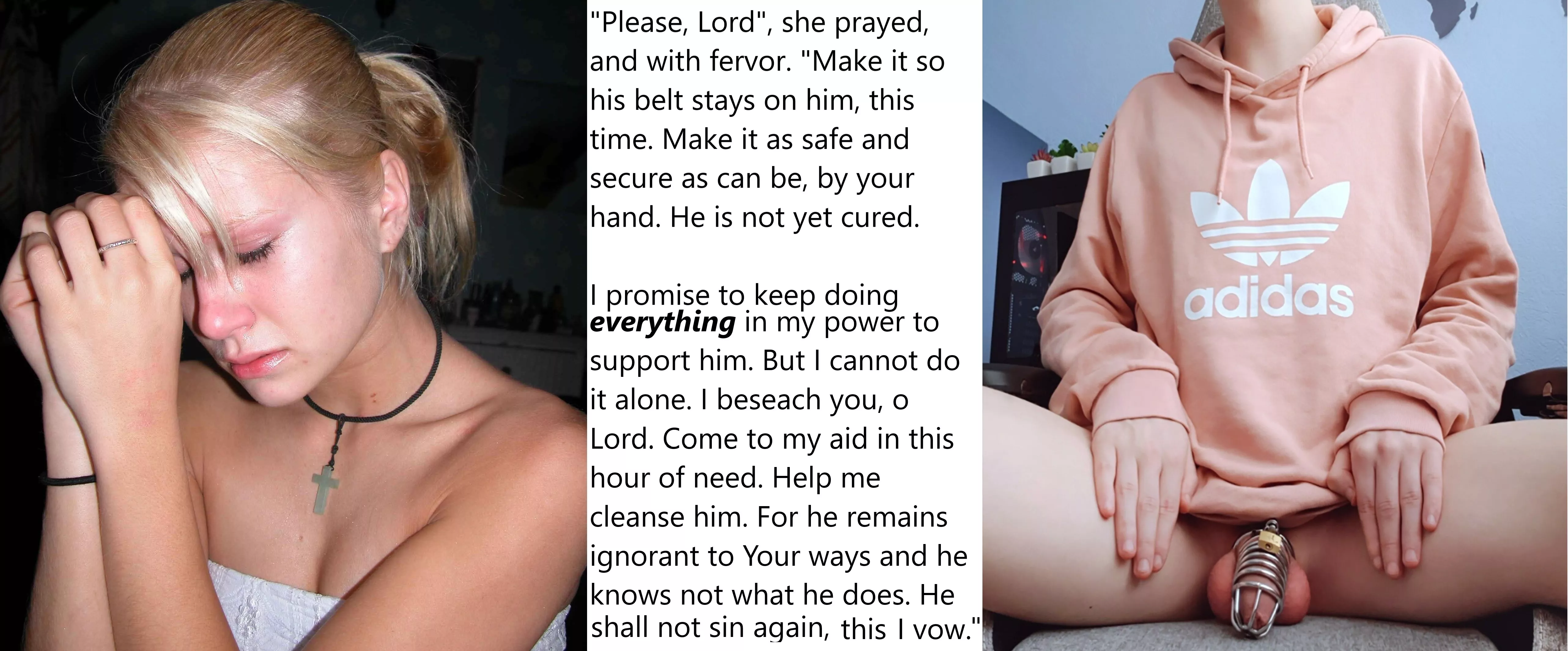 Chastity Fantasy: Caption 393. Is this how praying works? He's about to find out.