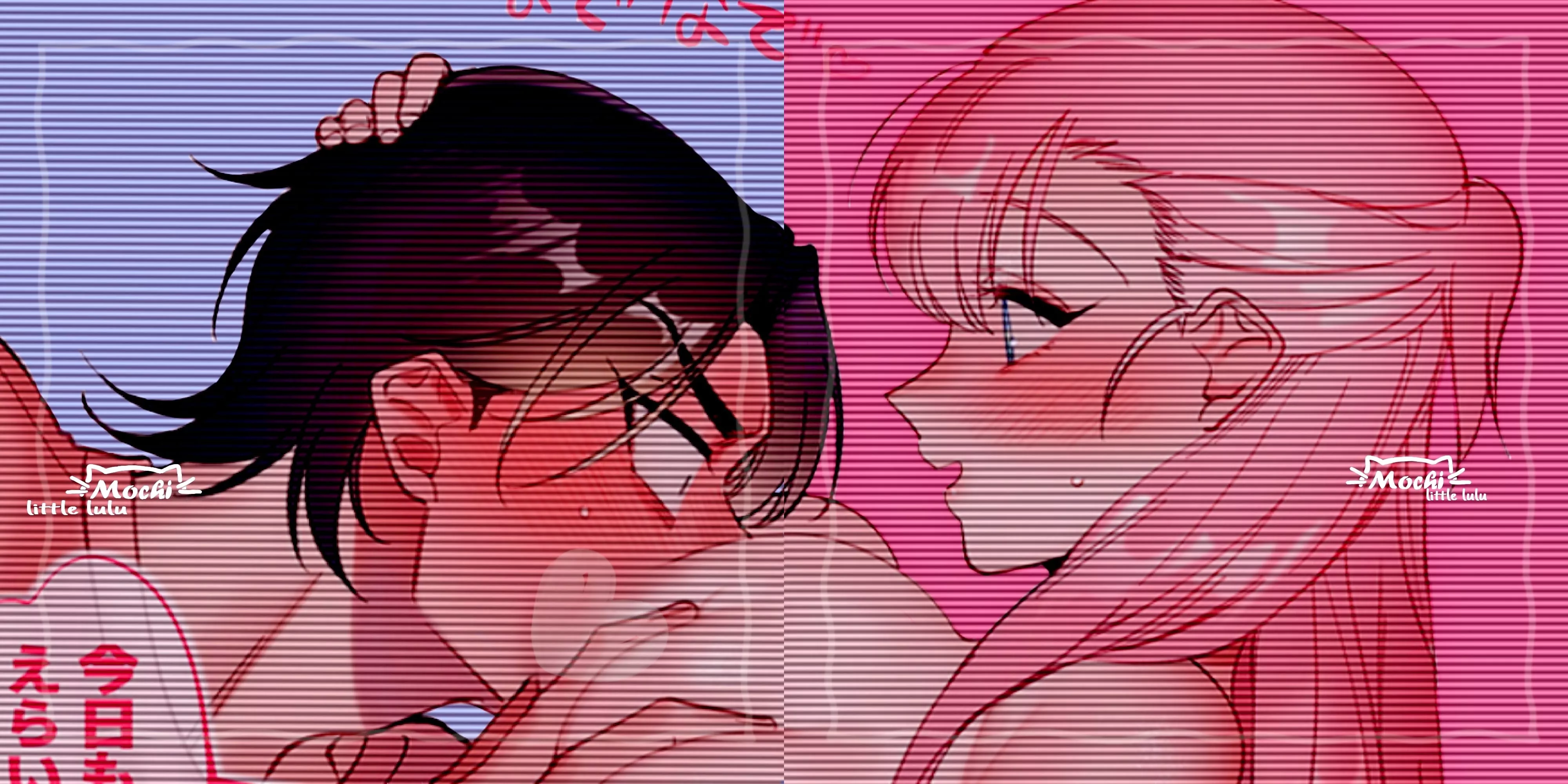 LF Color Source: 1boy, 1girl, blush, close-up, face, breast grab, breast on face, sweat, sweat drop , black hair , pink hair , shirt