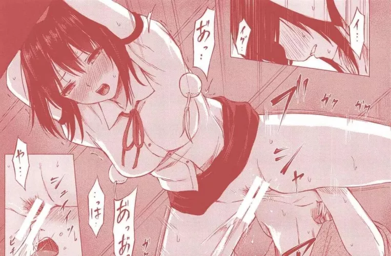 Mono 1boy 1girl against_wall bangs bent_over clothed_sex female_pubic_hair foreign_text from_below hair_between_eyes half-closed_eyes neck_ribbon no_panties nose_blush open_mouth outstretched_arms sepia sfx skirt_lift spread_legs standing_cunnilingus upp
