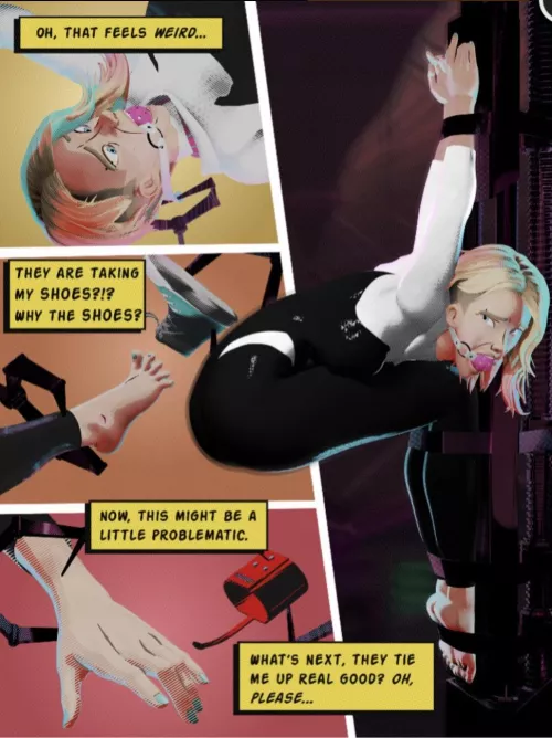 LF Color Source, “Oh, that feels weird…”, 1girl, Gwen Stacy, Pink ball gag, spider Gwen, bondage, comic