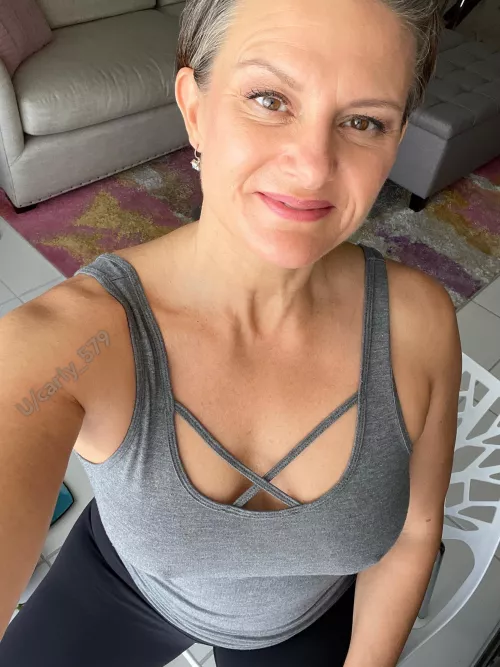 The face of happiness when braless.