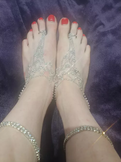 Do my feet look delicate and majestic wearing this rhinestone barefoot sandal and blingy anklet?