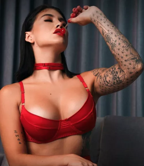 Red Lingerie, Red Lipstick, Red Choker, Just missing one thing