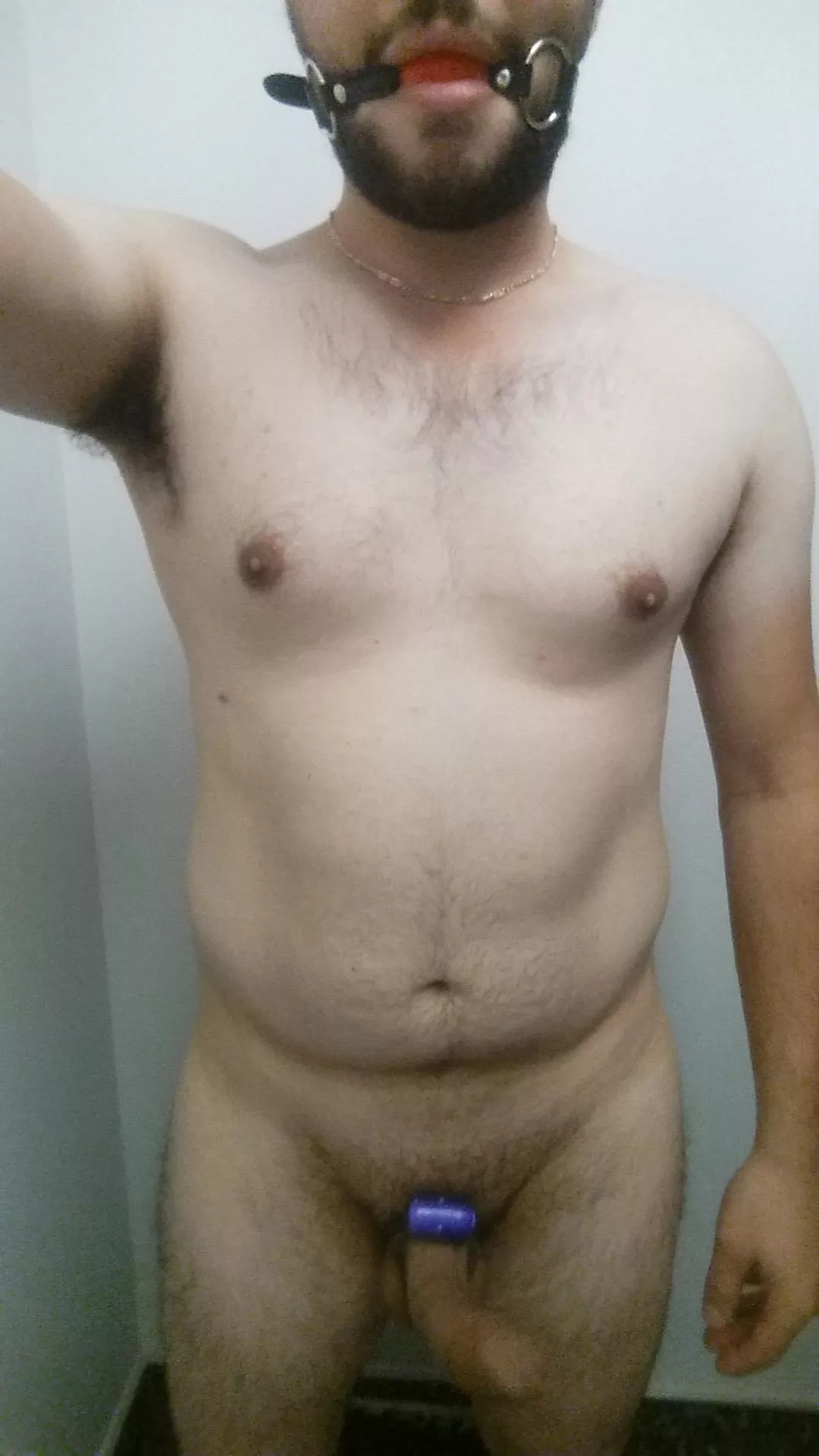 Loving my new gag keeping me quiet while my cockring buzzes