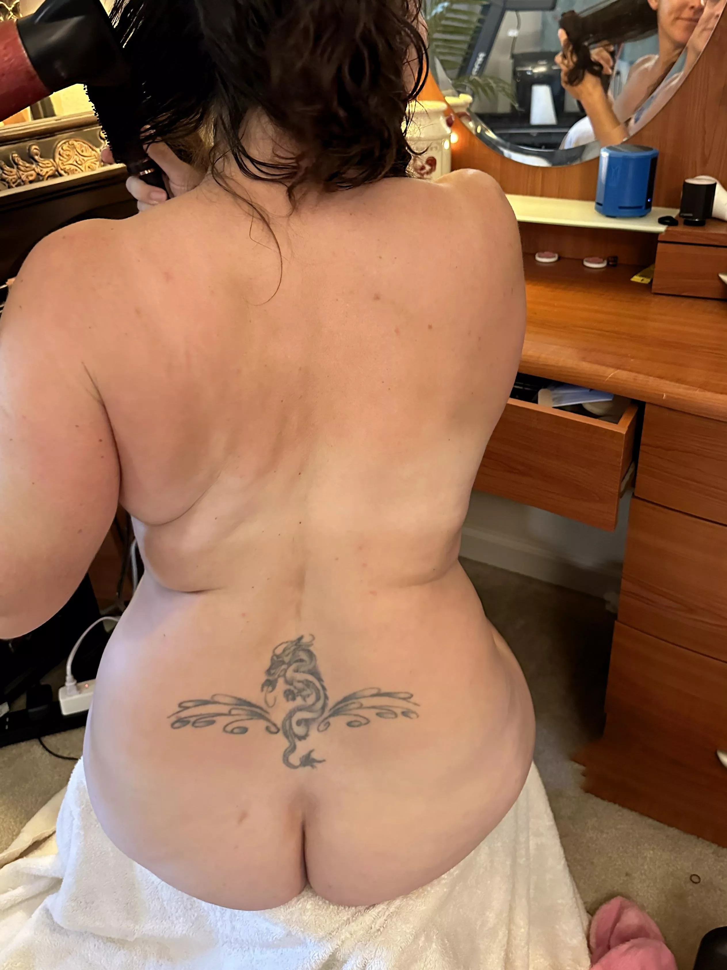 No use in having clothes on while drying my hair.