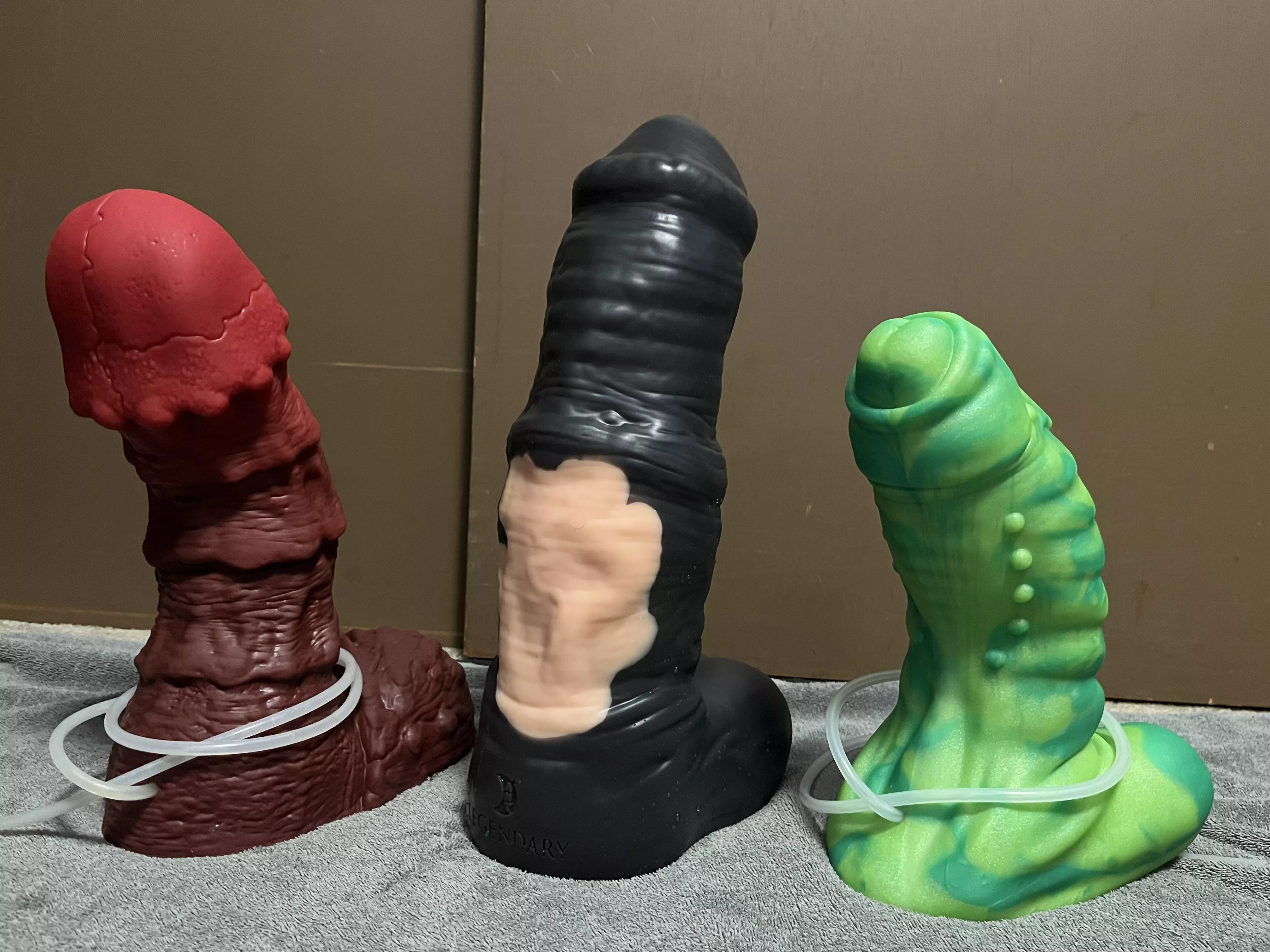 Legendary Trotter from All Night Toys next to XL Flint and XL Barron from Bad Dragon Legendary Trotter from All Night Toys next to XL Flint and XL Barron from Bad Dragon
