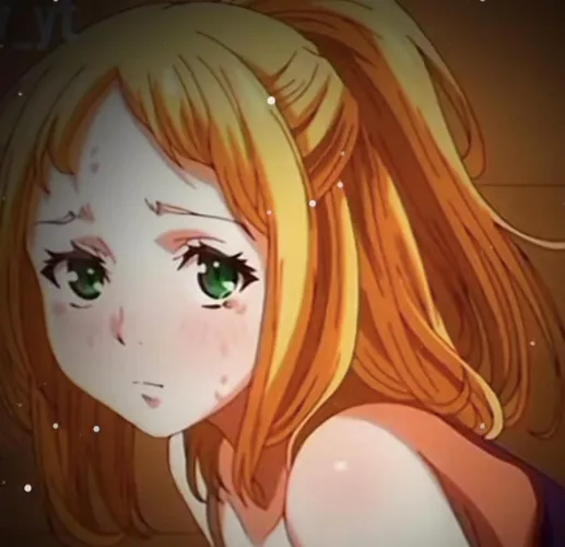 LF Color Source: 1girl, bare shoulders, blonde hair, blush, close-up, eyelashes, face, green eyes, looking at viewer, parted bangs, ponytail, purple tank top, sidelocks, tears, worried