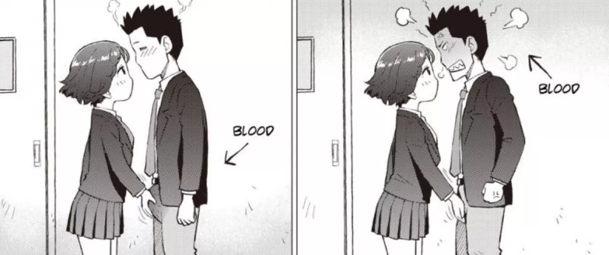 LF Mono source: 1girl, 1boy, steam, blood, arrows, school, door, erection, short hair, spiked hair, angry, relaxed