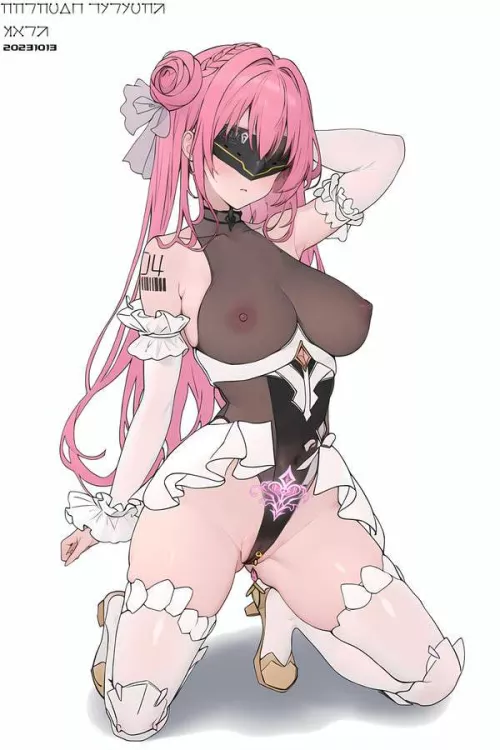 LF mono source: Pink hair, Eye mask, Womb tattoo, Bodysuit, See through, White thig highs, White arm gloves, Barcode