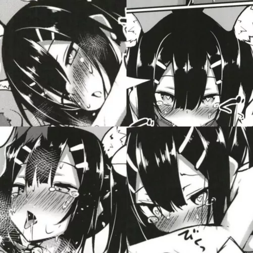 Mono 1girl ahegao animal_ear_fluff animal_ears black_hair cat_ears cat_girl close-up collage drooling face hair_between_eyes hairclip heart-shaped_pupils implied_fellatio/implied_blowjob looking_at_viewer neck_bell nose_blush open_mouth saliva_trail sfx