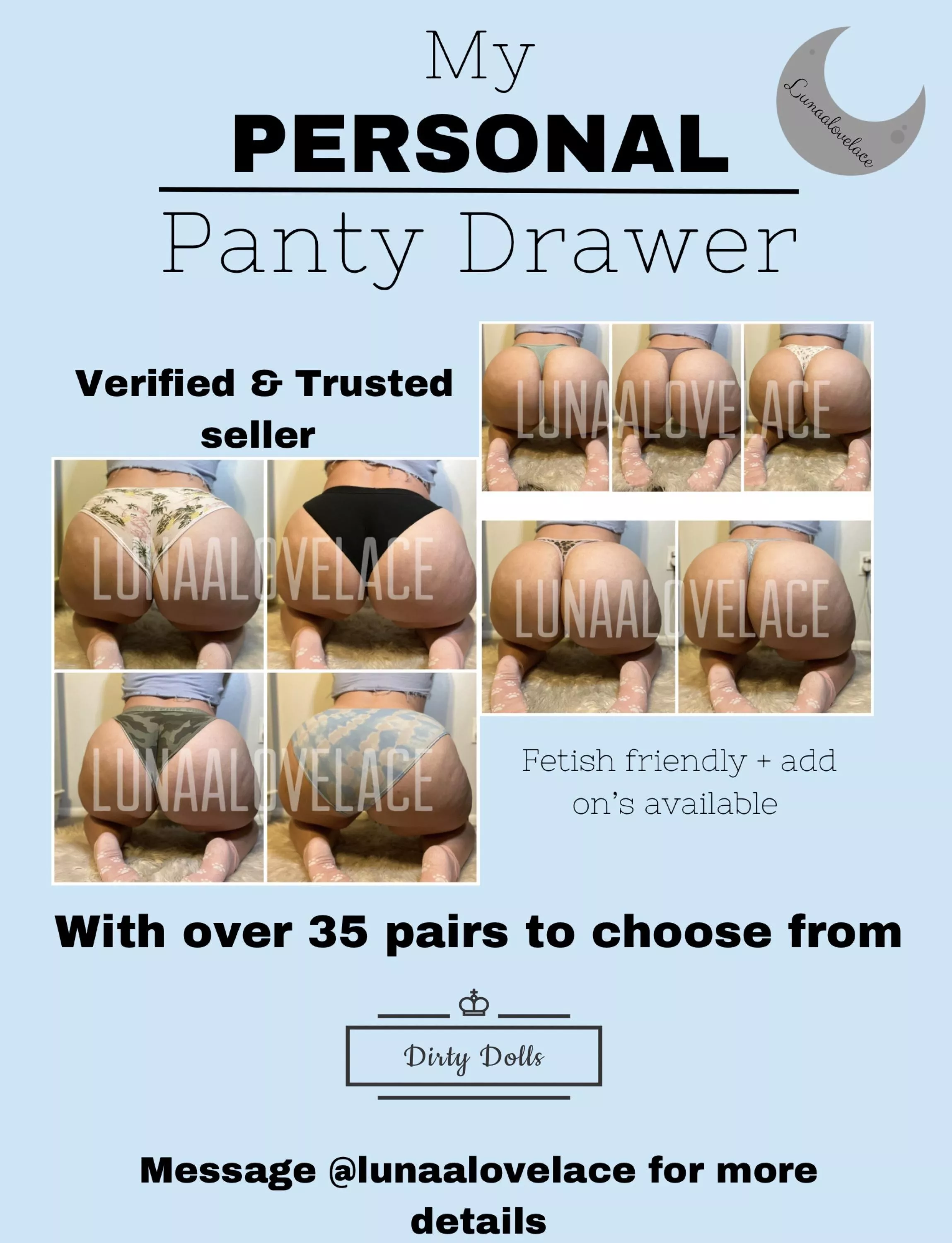 My first ever PERSONAL drawer is here! Cum pick out a pair of my personal panties, some I've owned since I was 18! Let's find the perfect pair for you! Message my kik @lunaalovelace for more info [SELLING][US][PTY]