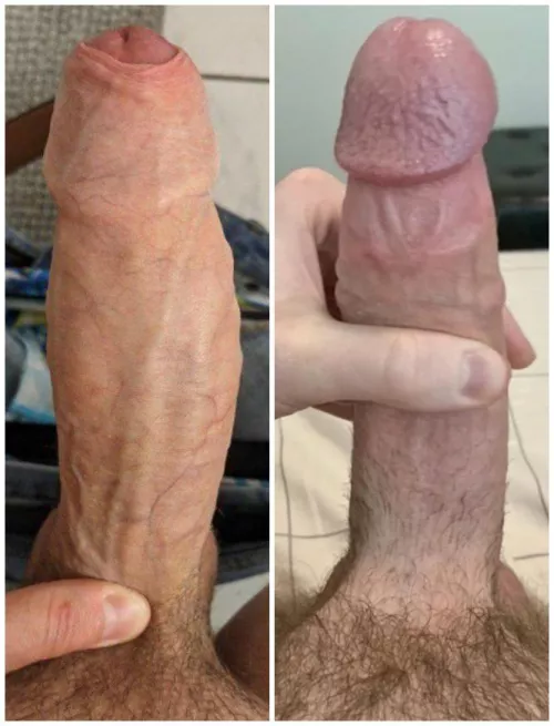 Comparing cocks with a bro. We're the exact same size, but there is a slight difference between or cocks. Did you notice?