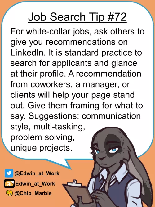 Job Search Tip 71: Recommendations on LinkedIn. Edwin@Work, Job Coaching for Furries