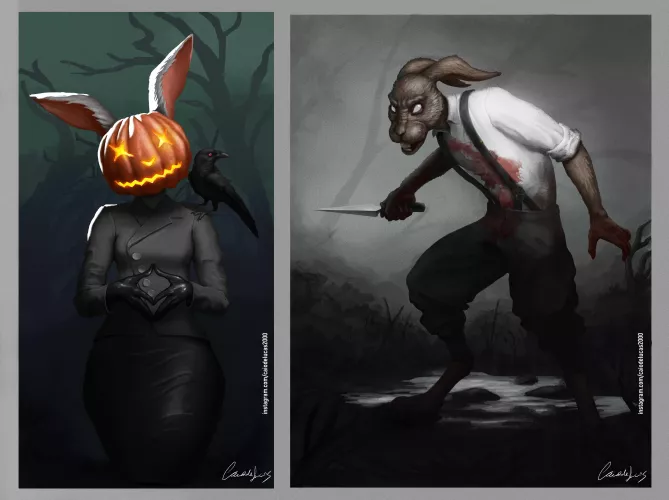 [OC] Halloween art! I decided to create some spooky bunnies since i don't see them here frequently...