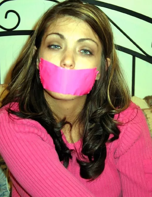 I love matching colors, my pink tape gag looks good with matching sweater