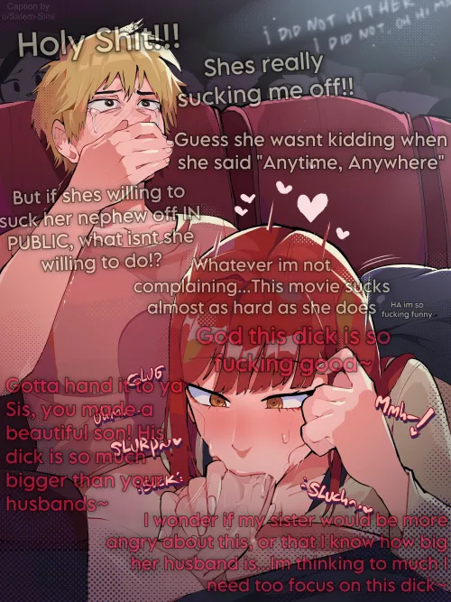 Slutty Aunt sucks her Nephew of in the theatre [F] [Incest] [Public] [Inner thoughts] (Artist: Diff)