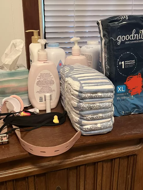 I keep a stack of Huggies on my nightstand because I’m a bedwetting diaper baby ❤️