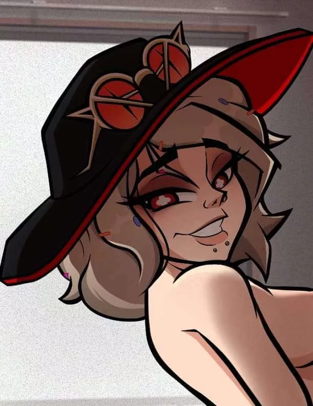 LF Color Source: 1girl, black hat, red round glasses, red plus shaped eyes, white pupils, short hair, light brown hair, dolphin bite piercing, topless, looking at viewer, smile, side view.