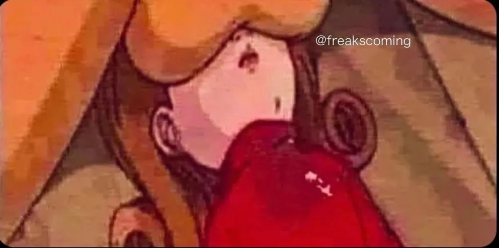 LF color source - testicles, balls on eyes, lipstick, clothed, curly hair, turtleneck, red top, poker face, “@freakscoming”