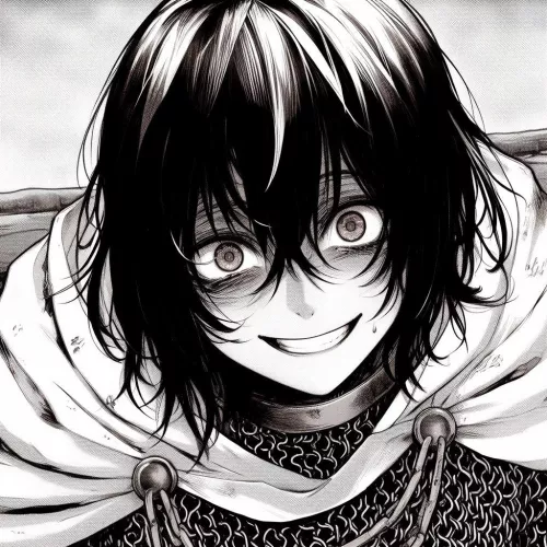 LF mono source: “chain mail armor, crazy eyes, dark hair